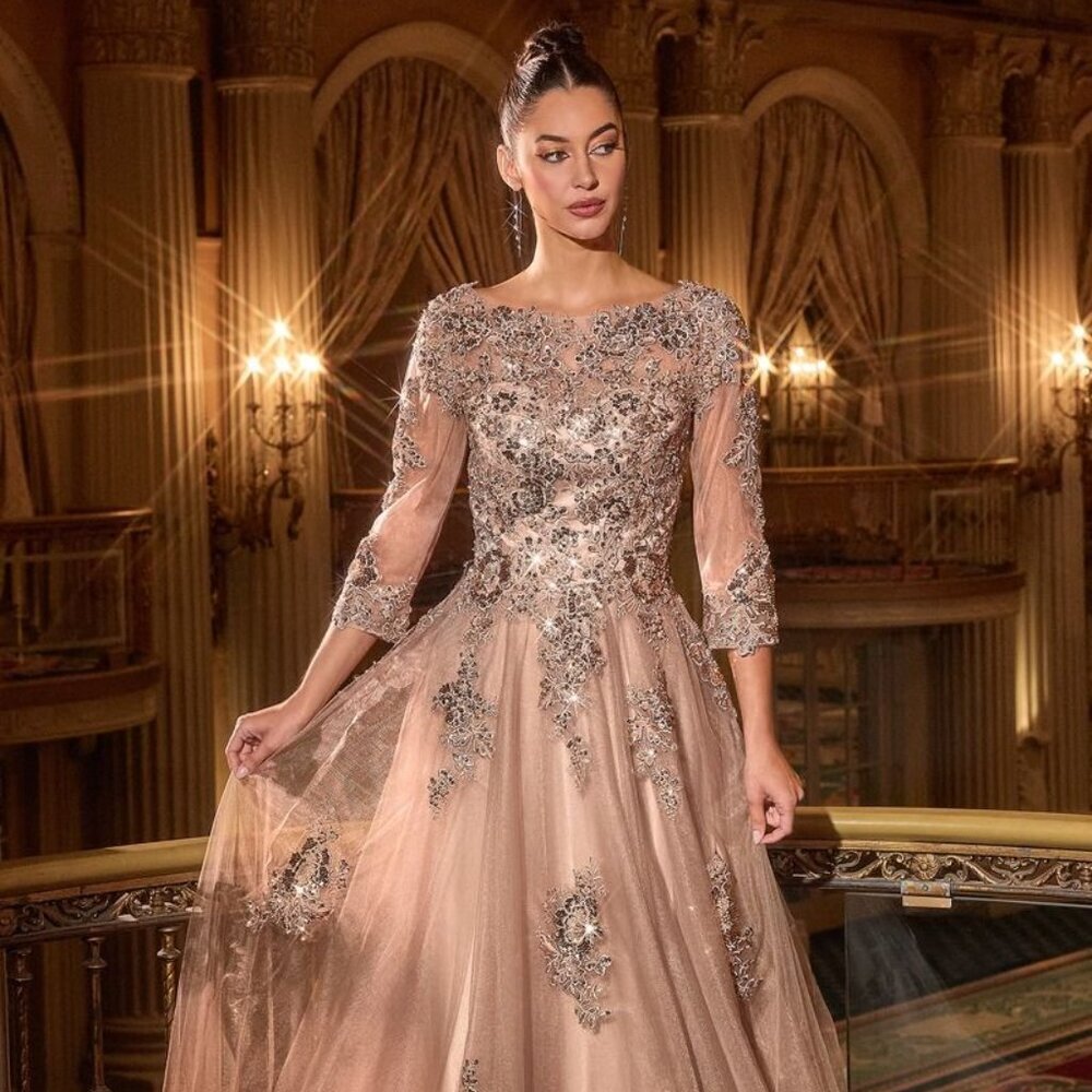 New Formal Tulle Lace Embroidered Maxi Gown w/ 3/4 Sleeves & V-Back CD J883 - Picture 8 of 10